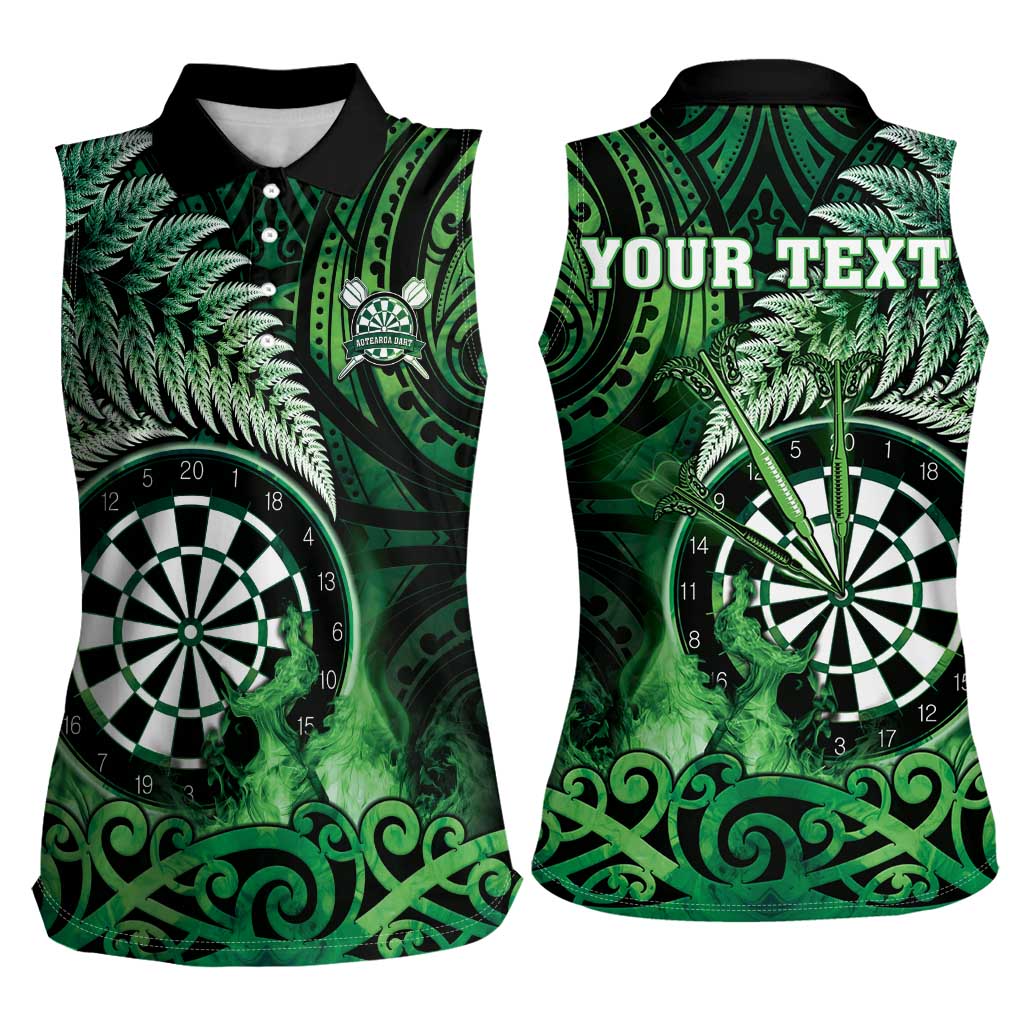 Personalised New Zealand Darts Women Sleeveless Polo Shirt Maori Koru Dartboard Green Flame