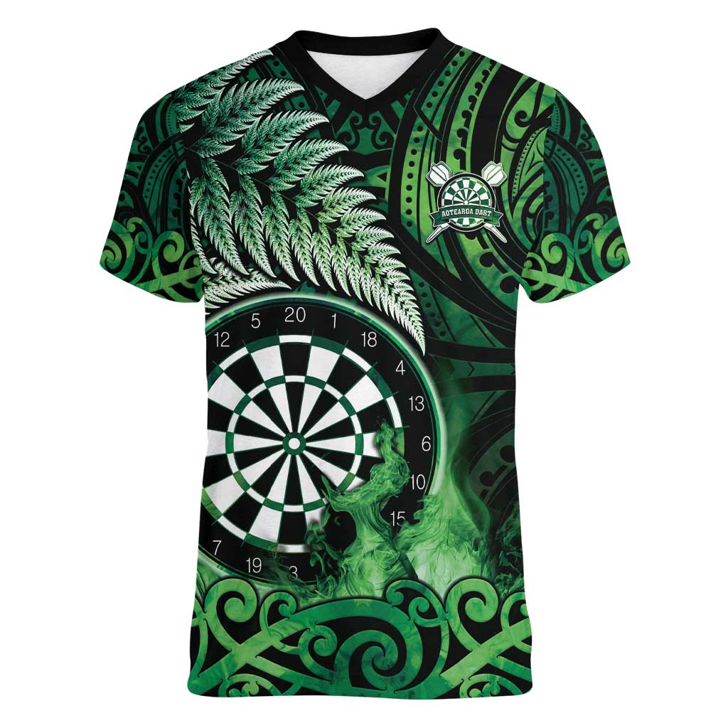 Personalised New Zealand Darts Women V-Neck T-Shirt Maori Koru Dartboard Green Flame