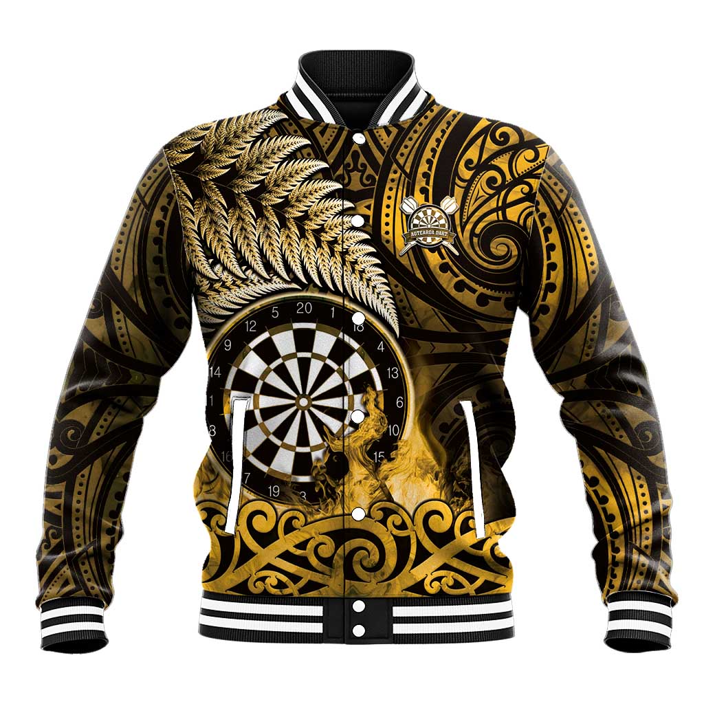 Personalised New Zealand Darts Baseball Jacket Maori Koru Dartboard Gold Flame