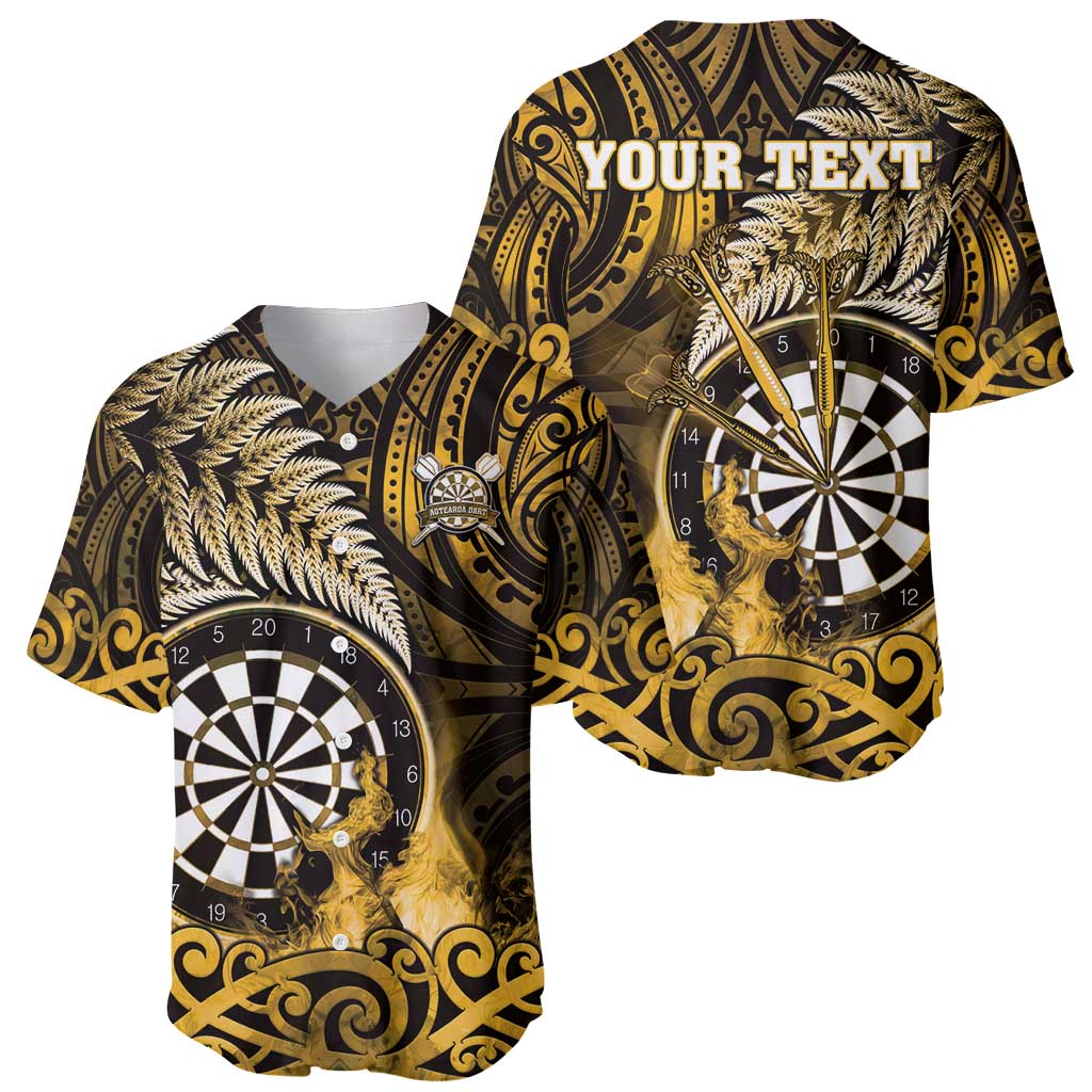 Personalised New Zealand Darts Baseball Jersey Maori Koru Dartboard Gold Flame