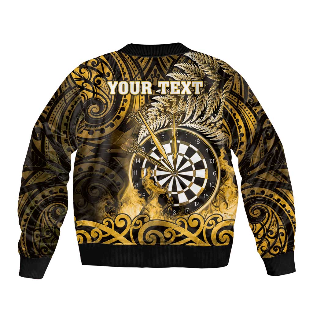 Personalised New Zealand Darts Bomber Jacket Maori Koru Dartboard Gold Flame
