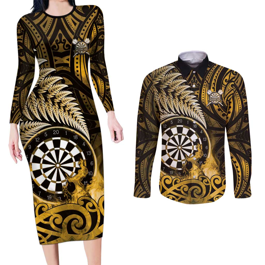 Personalised New Zealand Darts Couples Matching Long Sleeve Bodycon Dress and Long Sleeve Button Shirt Maori Koru Dartboard Gold Flame