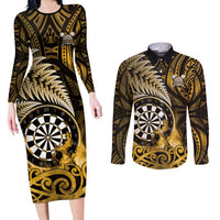 Personalised New Zealand Darts Couples Matching Long Sleeve Bodycon Dress and Long Sleeve Button Shirt Maori Koru Dartboard Gold Flame