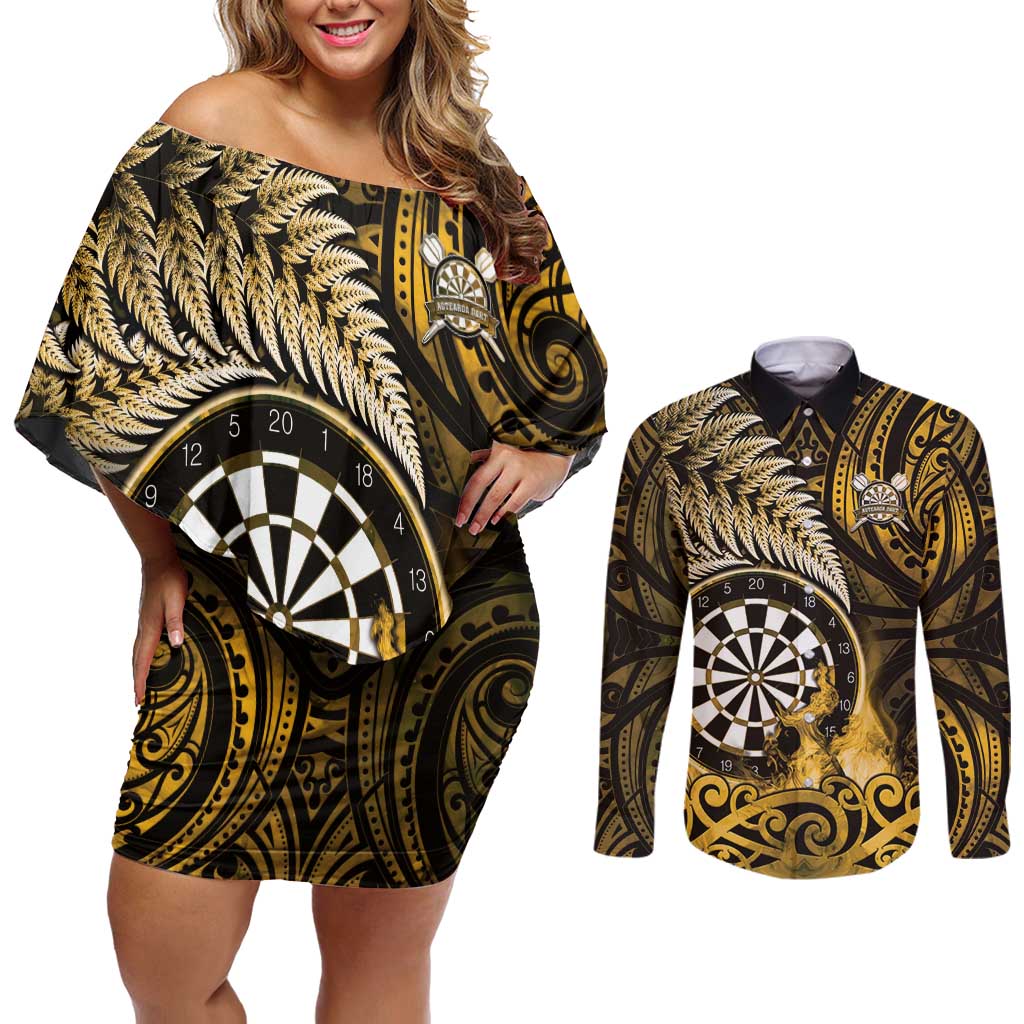 Personalised New Zealand Darts Couples Matching Off Shoulder Short Dress and Long Sleeve Button Shirt Maori Koru Dartboard Gold Flame