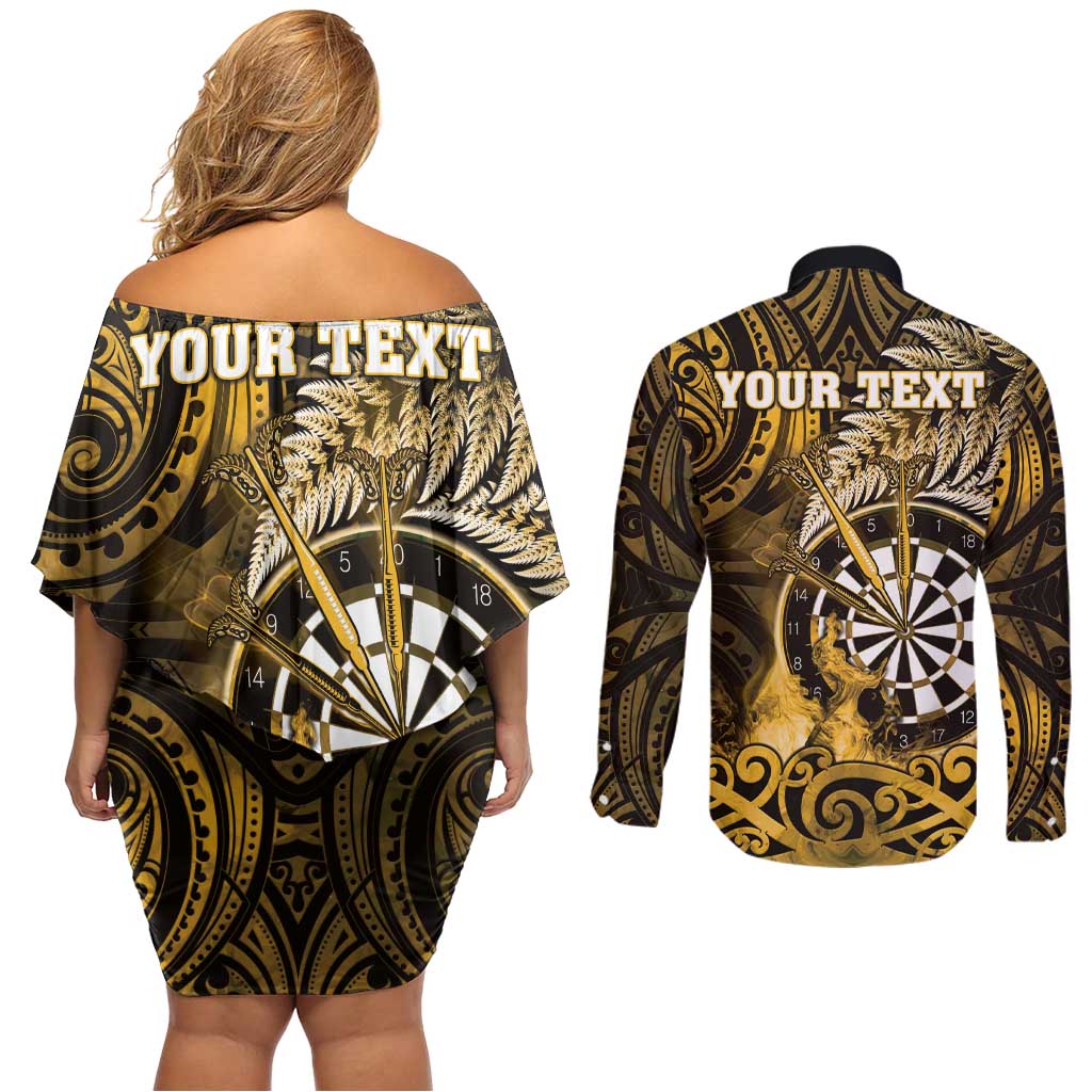 Personalised New Zealand Darts Couples Matching Off Shoulder Short Dress and Long Sleeve Button Shirt Maori Koru Dartboard Gold Flame
