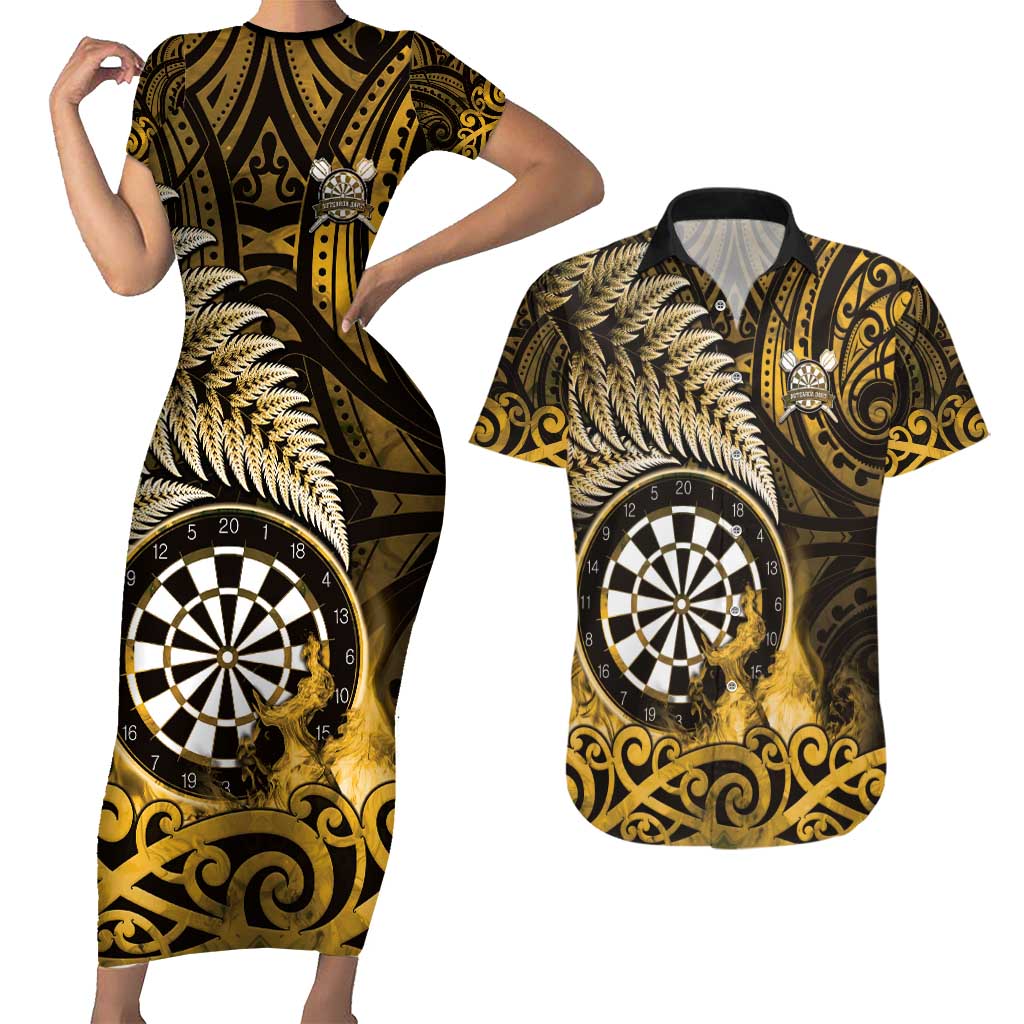 Personalised New Zealand Darts Couples Matching Short Sleeve Bodycon Dress and Hawaiian Shirt Maori Koru Dartboard Gold Flame