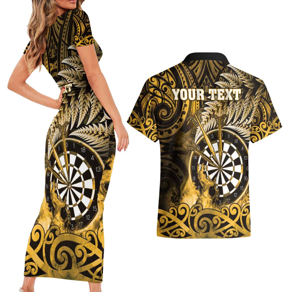 Personalised New Zealand Darts Couples Matching Short Sleeve Bodycon Dress and Hawaiian Shirt Maori Koru Dartboard Gold Flame