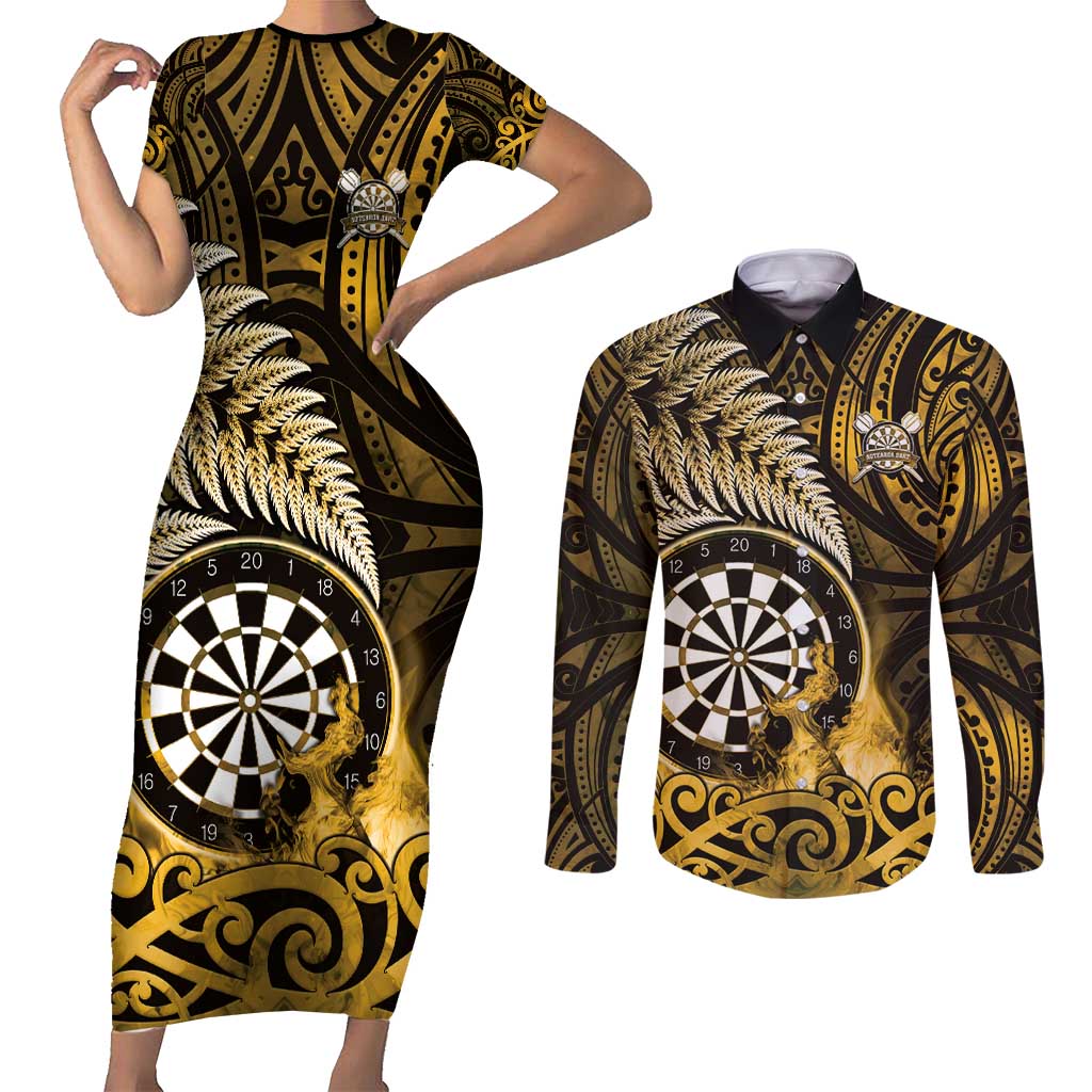 Personalised New Zealand Darts Couples Matching Short Sleeve Bodycon Dress and Long Sleeve Button Shirt Maori Koru Dartboard Gold Flame