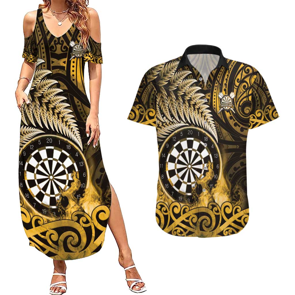 Personalised New Zealand Darts Couples Matching Summer Maxi Dress and Hawaiian Shirt Maori Koru Dartboard Gold Flame