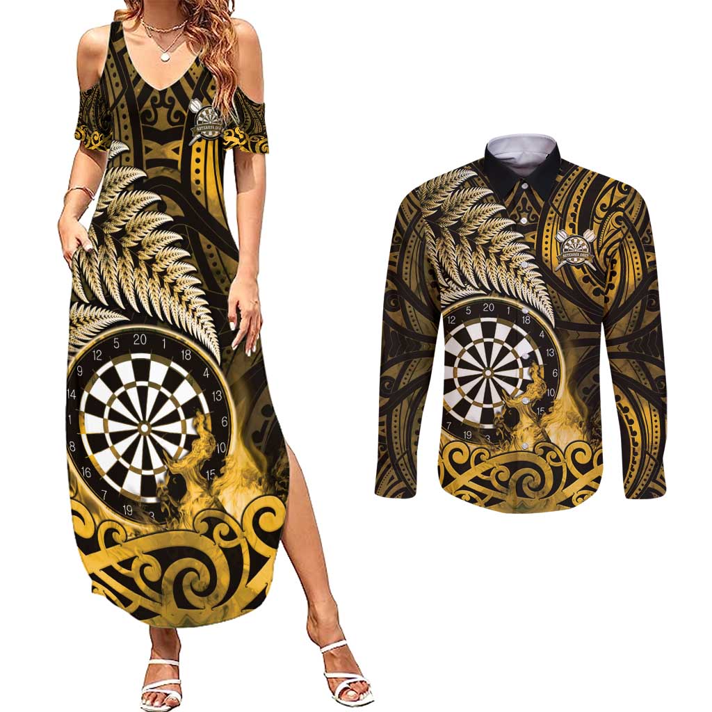 Personalised New Zealand Darts Couples Matching Summer Maxi Dress and Long Sleeve Button Shirt Maori Koru Dartboard Gold Flame