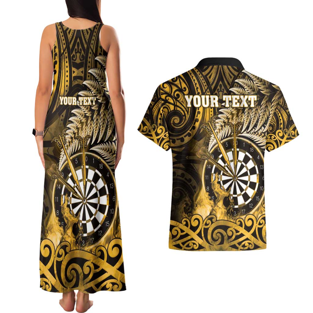 Personalised New Zealand Darts Couples Matching Tank Maxi Dress and Hawaiian Shirt Maori Koru Dartboard Gold Flame