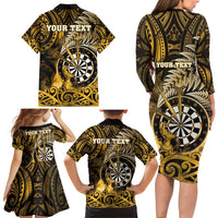 Personalised New Zealand Darts Family Matching Long Sleeve Bodycon Dress and Hawaiian Shirt Maori Koru Dartboard Gold Flame
