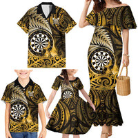 Personalised New Zealand Darts Family Matching Mermaid Dress and Hawaiian Shirt Maori Koru Dartboard Gold Flame