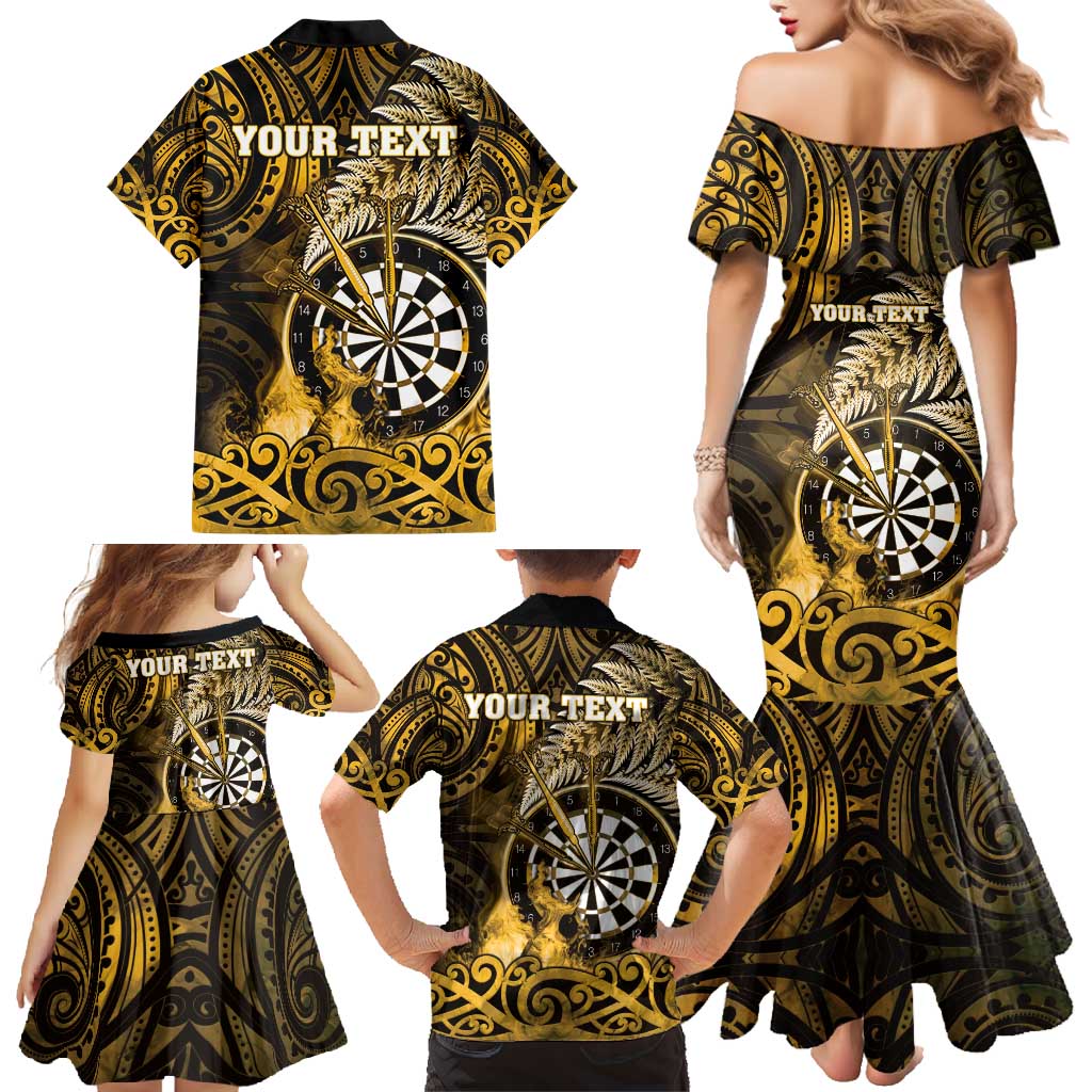 Personalised New Zealand Darts Family Matching Mermaid Dress and Hawaiian Shirt Maori Koru Dartboard Gold Flame