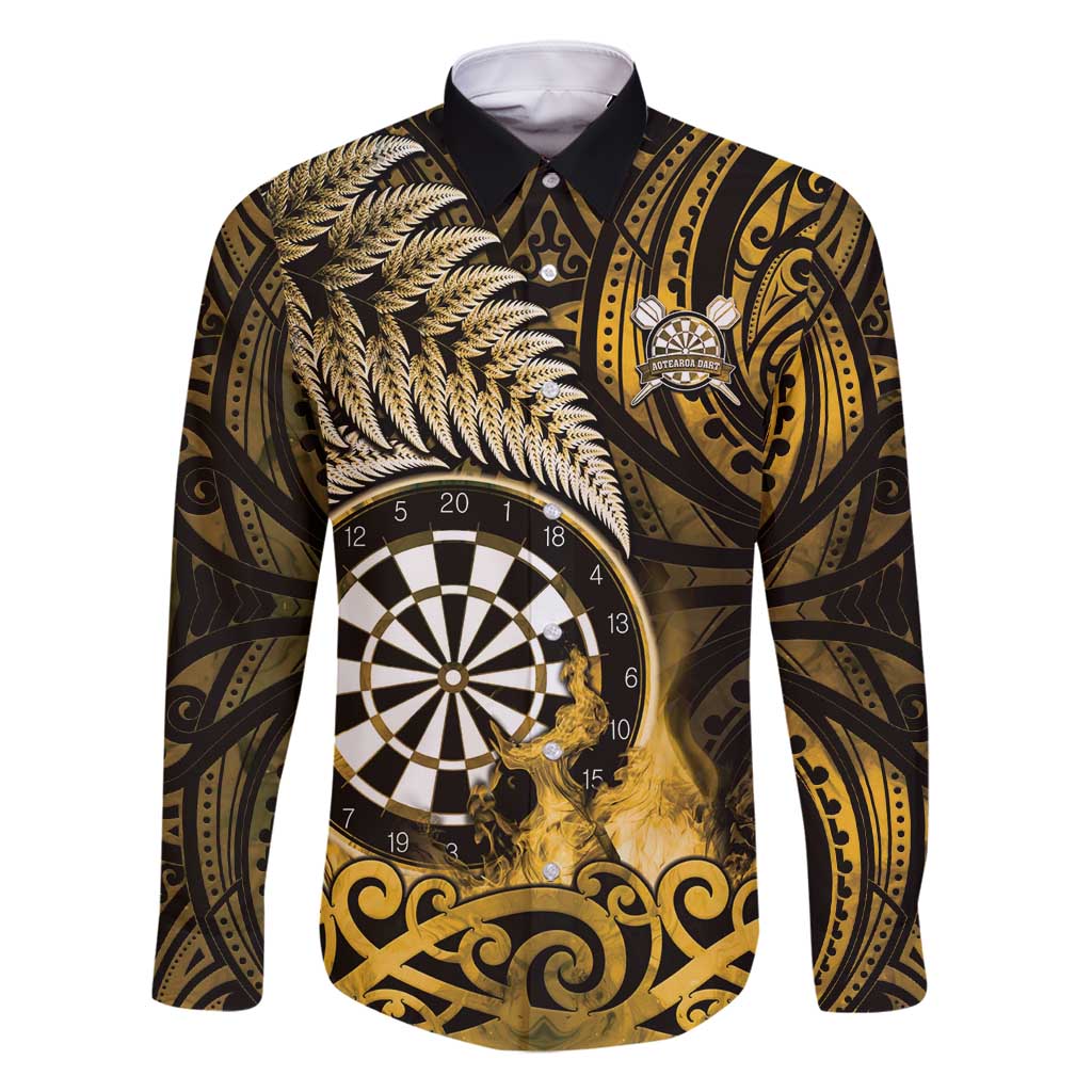 Personalised New Zealand Darts Family Matching Mermaid Dress and Hawaiian Shirt Maori Koru Dartboard Gold Flame
