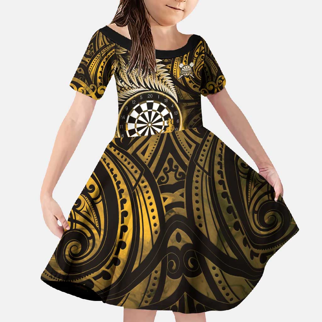 Personalised New Zealand Darts Family Matching Off Shoulder Maxi Dress and Hawaiian Shirt Maori Koru Dartboard Gold Flame