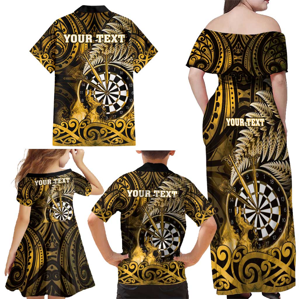 Personalised New Zealand Darts Family Matching Off Shoulder Maxi Dress and Hawaiian Shirt Maori Koru Dartboard Gold Flame