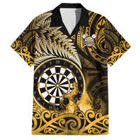 Personalised New Zealand Darts Family Matching Off Shoulder Short Dress and Hawaiian Shirt Maori Koru Dartboard Gold Flame