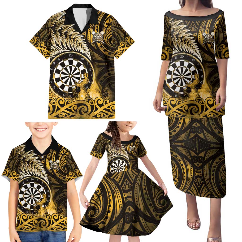 Personalised New Zealand Darts Family Matching Puletasi and Hawaiian Shirt Maori Koru Dartboard Gold Flame