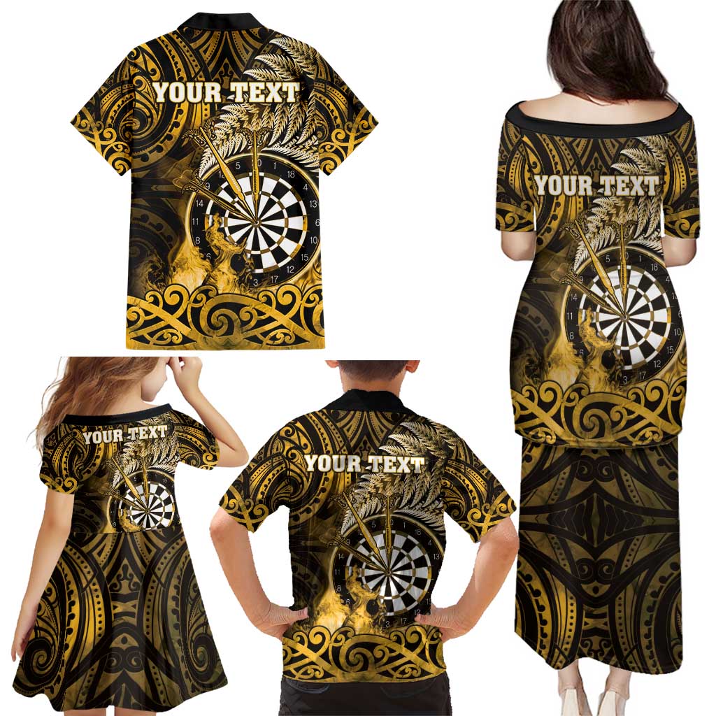 Personalised New Zealand Darts Family Matching Puletasi and Hawaiian Shirt Maori Koru Dartboard Gold Flame