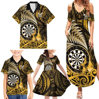 Personalised New Zealand Darts Family Matching Summer Maxi Dress and Hawaiian Shirt Maori Koru Dartboard Gold Flame