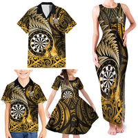 Personalised New Zealand Darts Family Matching Tank Maxi Dress and Hawaiian Shirt Maori Koru Dartboard Gold Flame