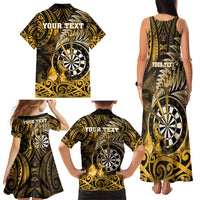 Personalised New Zealand Darts Family Matching Tank Maxi Dress and Hawaiian Shirt Maori Koru Dartboard Gold Flame