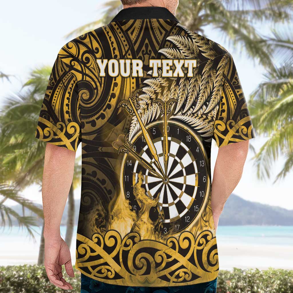 Personalised New Zealand Darts Hawaiian Shirt Maori Koru Dartboard Gold Flame