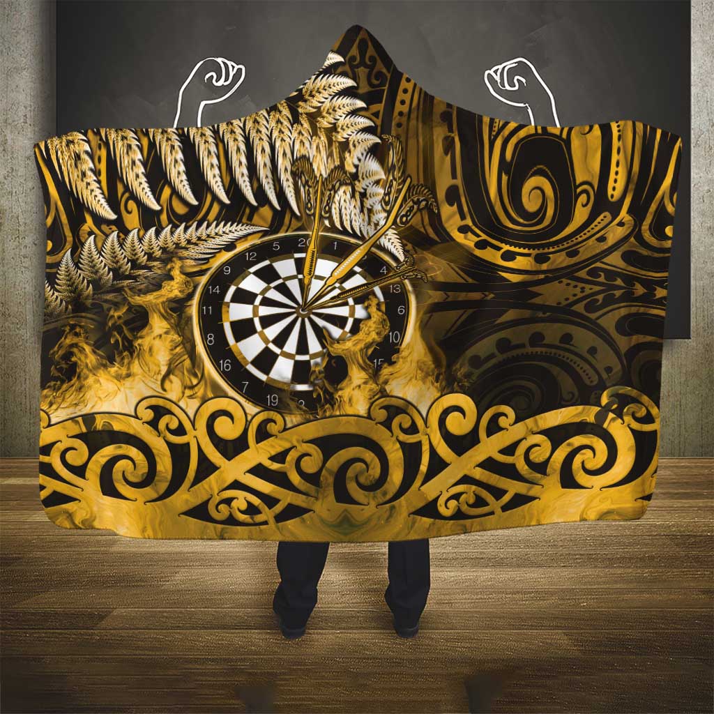 New Zealand Darts Hooded Blanket Maori Koru Dartboard Gold Flame