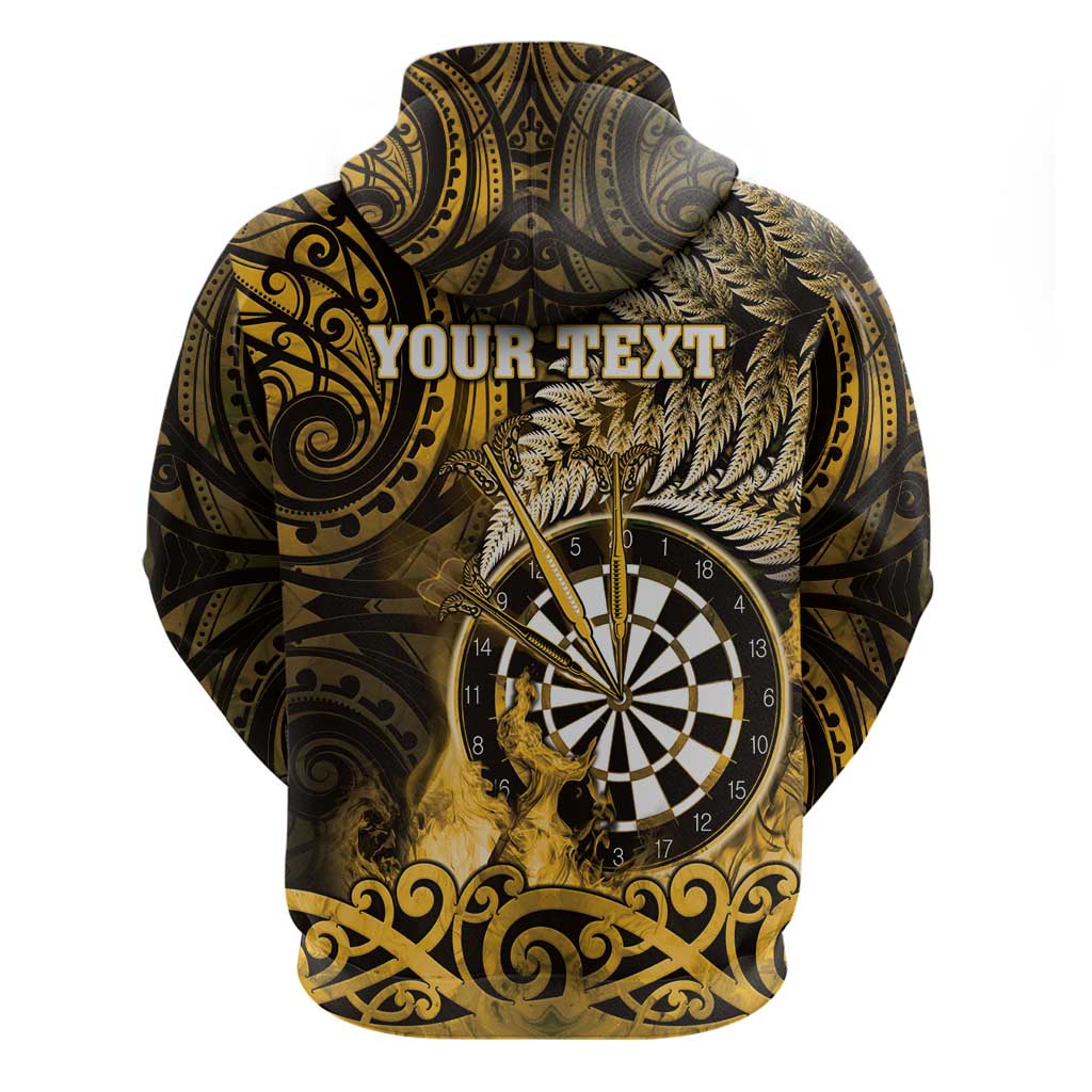Personalised New Zealand Darts Hoodie Maori Koru Dartboard Gold Flame