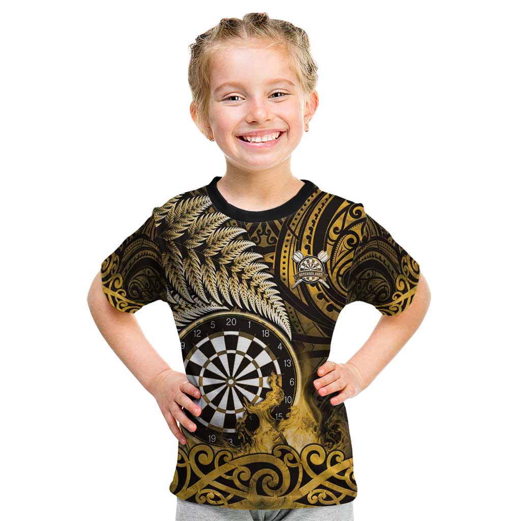 Personalised New Zealand Darts Kid T Shirt Maori Koru Dartboard Gold Flame
