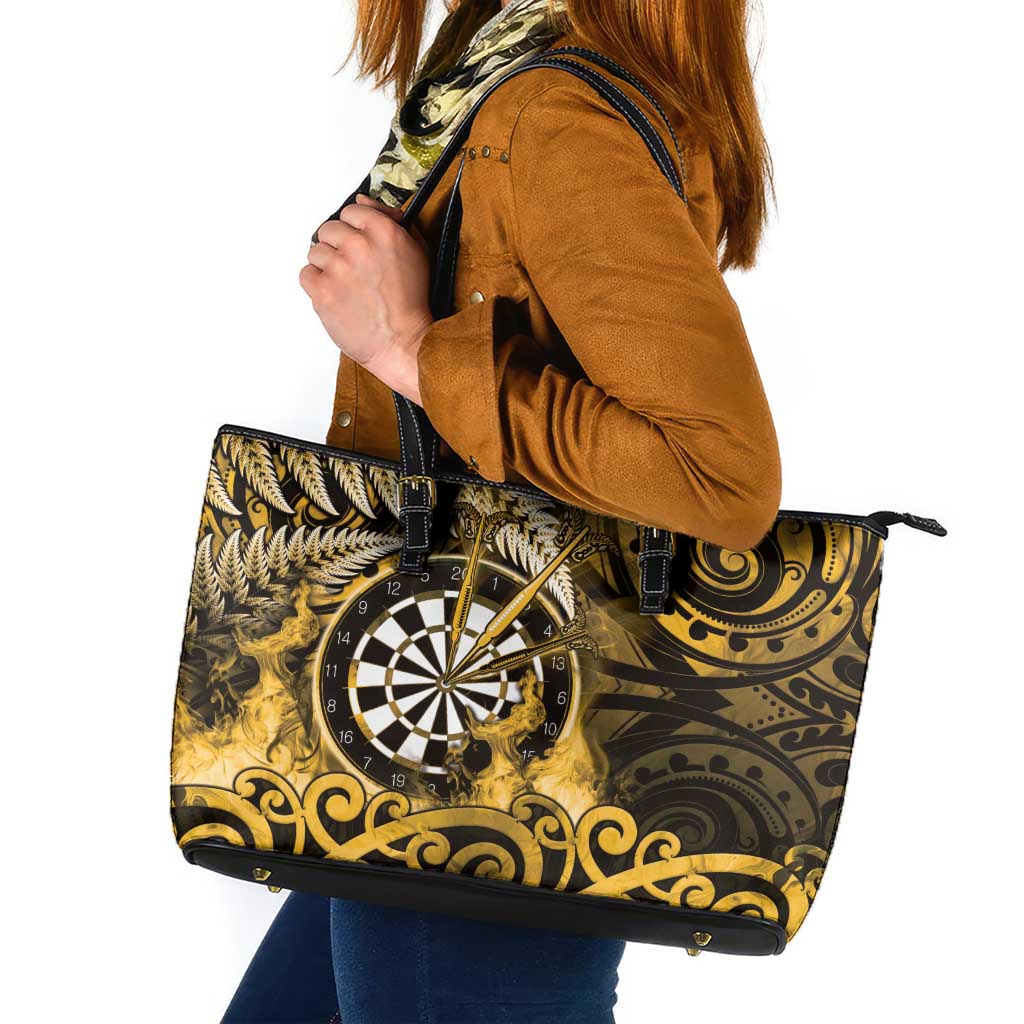 New Zealand Darts Leather Tote Bag Maori Koru Dartboard Gold Flame
