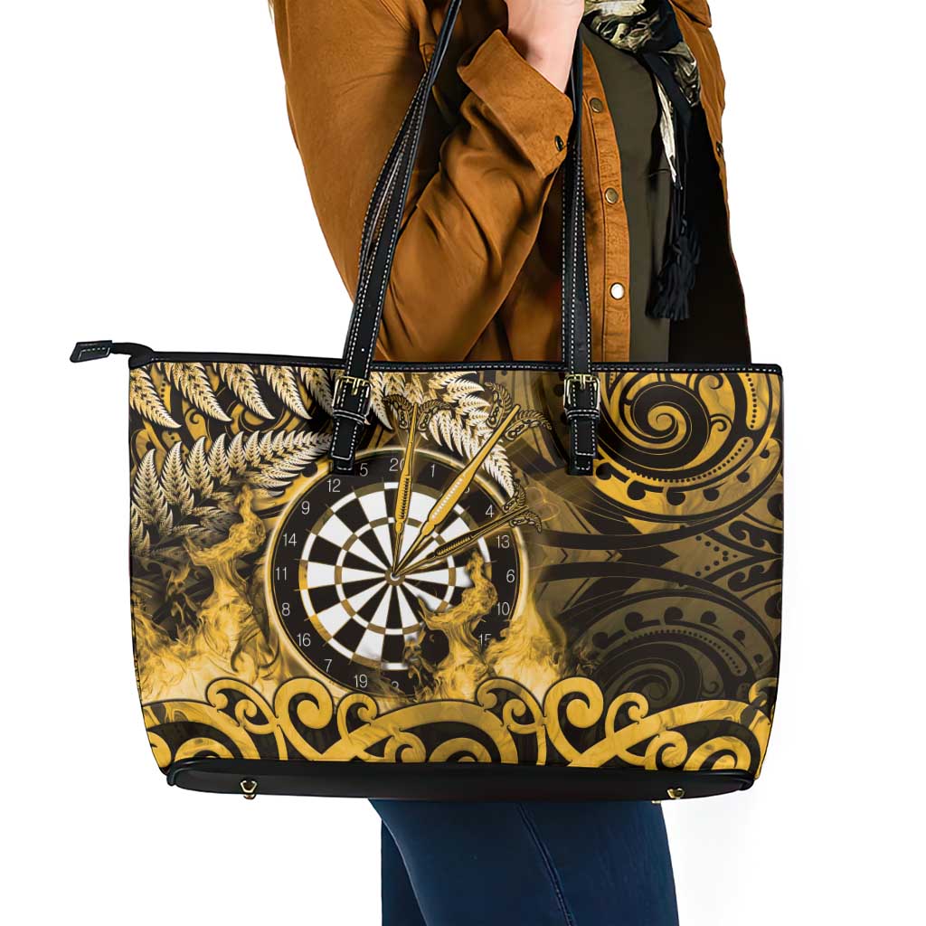 New Zealand Darts Leather Tote Bag Maori Koru Dartboard Gold Flame