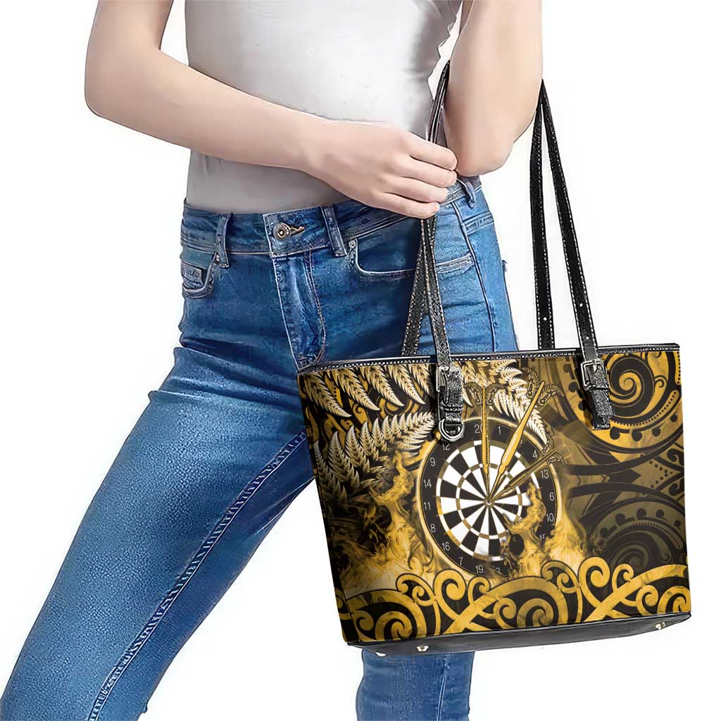 New Zealand Darts Leather Tote Bag Maori Koru Dartboard Gold Flame