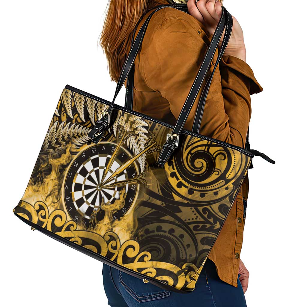 New Zealand Darts Leather Tote Bag Maori Koru Dartboard Gold Flame