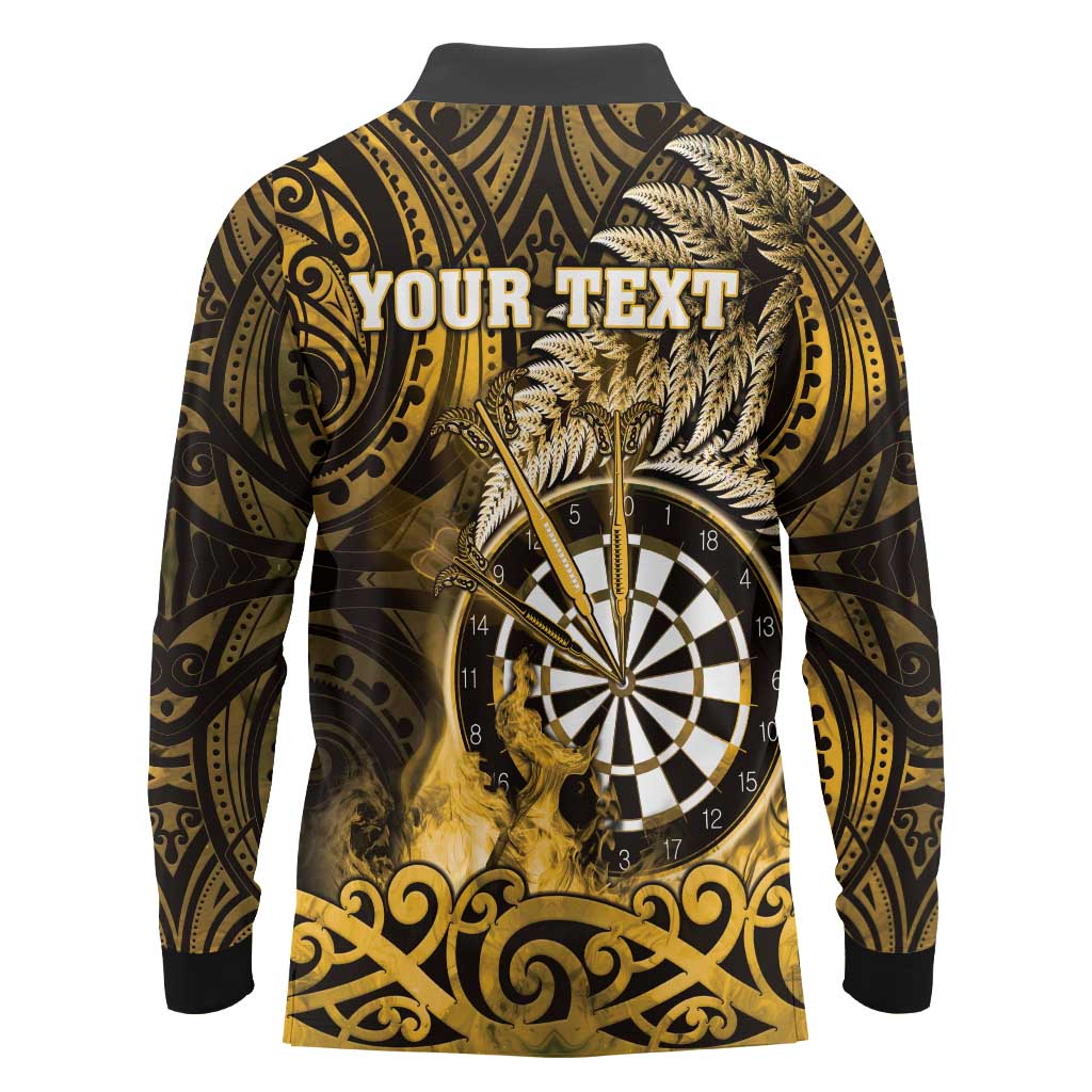 Personalised New Zealand Darts Long Sleeve Polo Shirt Maori Koru Dartboard Gold Flame