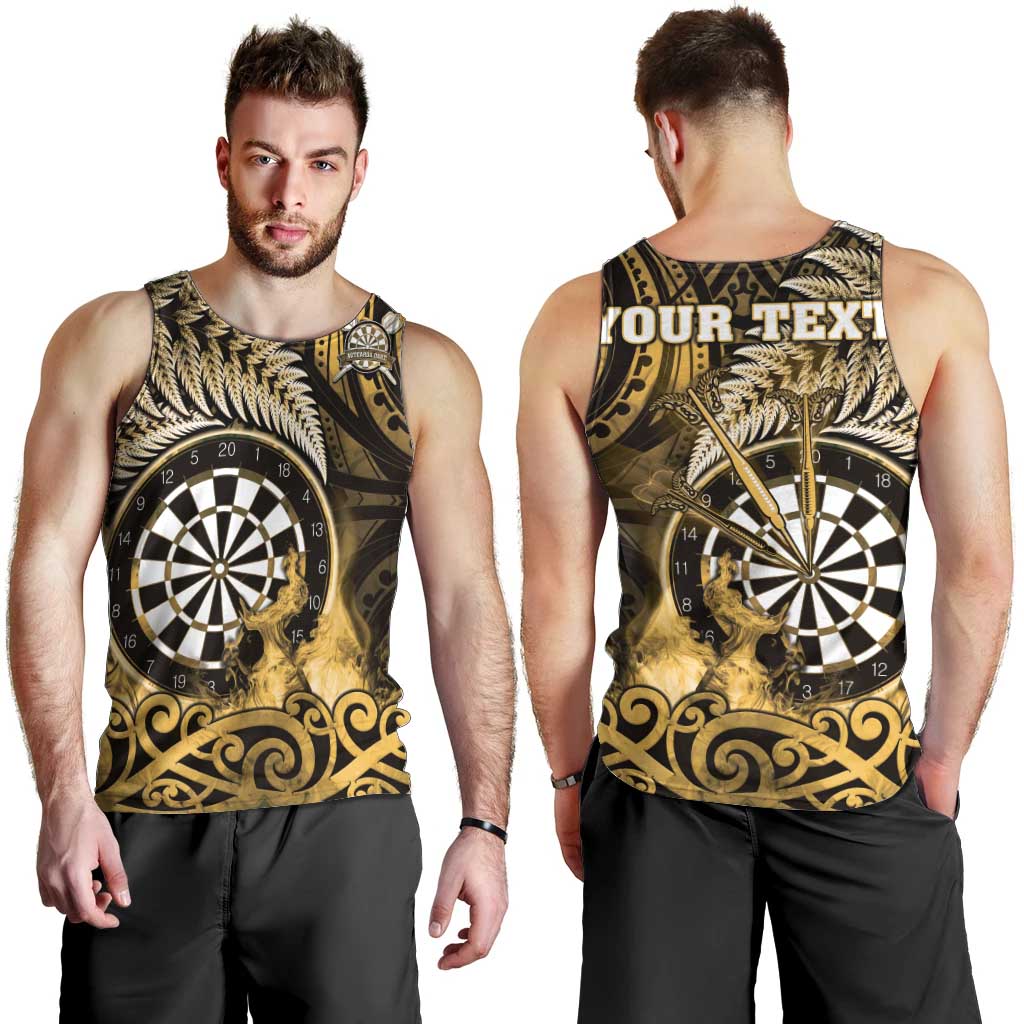 Personalised New Zealand Darts Men Tank Top Maori Koru Dartboard Gold Flame