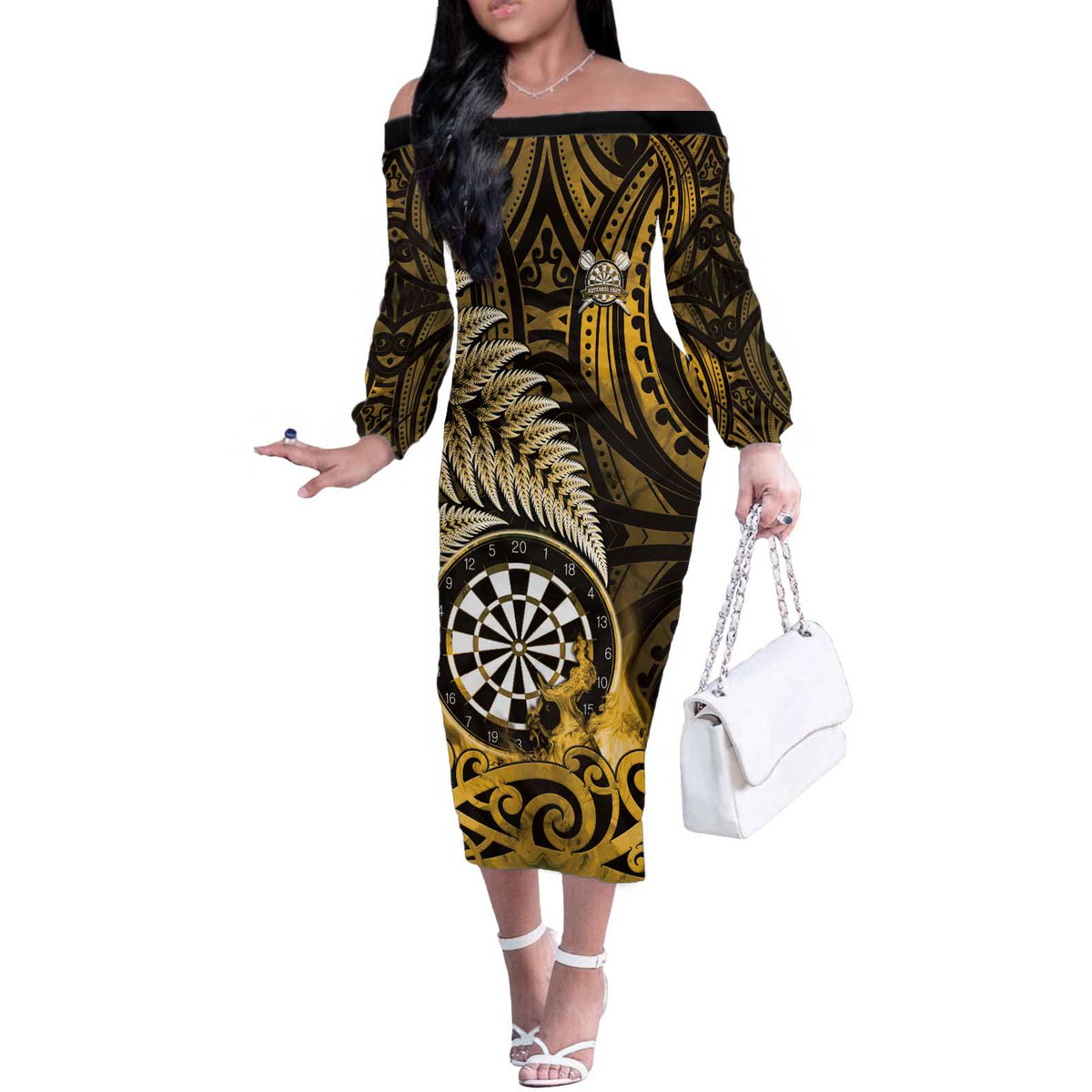 Personalised New Zealand Darts Off The Shoulder Long Sleeve Dress Maori Koru Dartboard Gold Flame