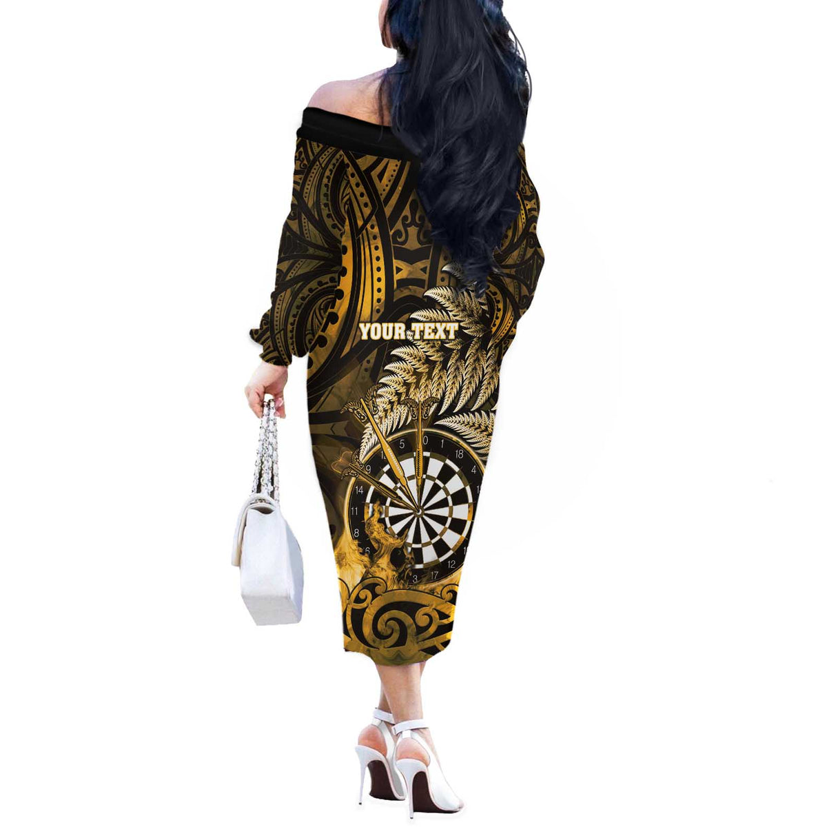 Personalised New Zealand Darts Off The Shoulder Long Sleeve Dress Maori Koru Dartboard Gold Flame