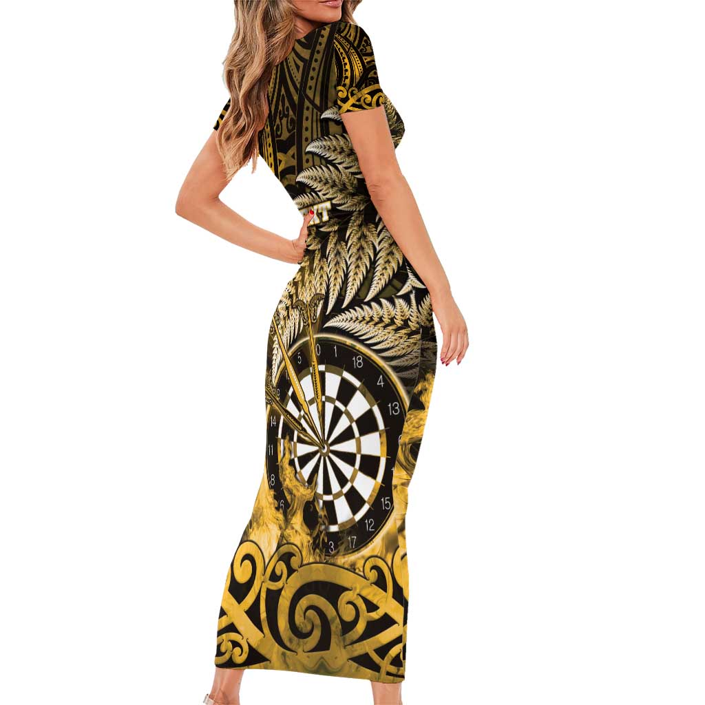 Personalised New Zealand Darts Short Sleeve Bodycon Dress Maori Koru Dartboard Gold Flame