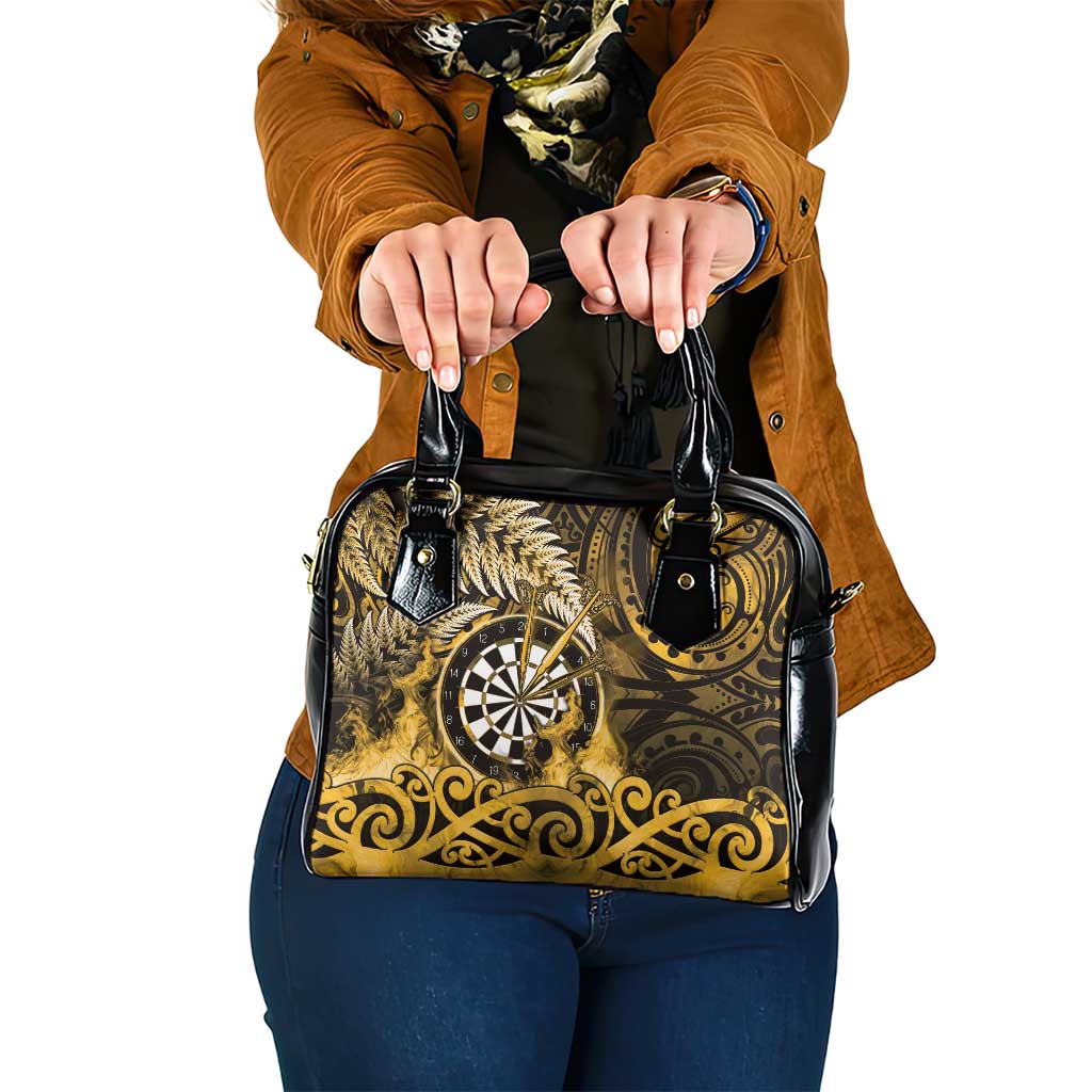 New Zealand Darts Shoulder Handbag Maori Koru Dartboard Gold Flame