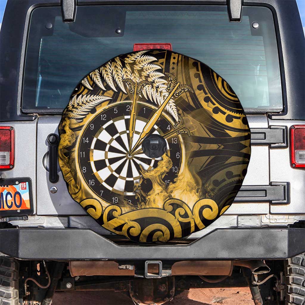 New Zealand Darts Spare Tire Cover Maori Koru Dartboard Gold Flame