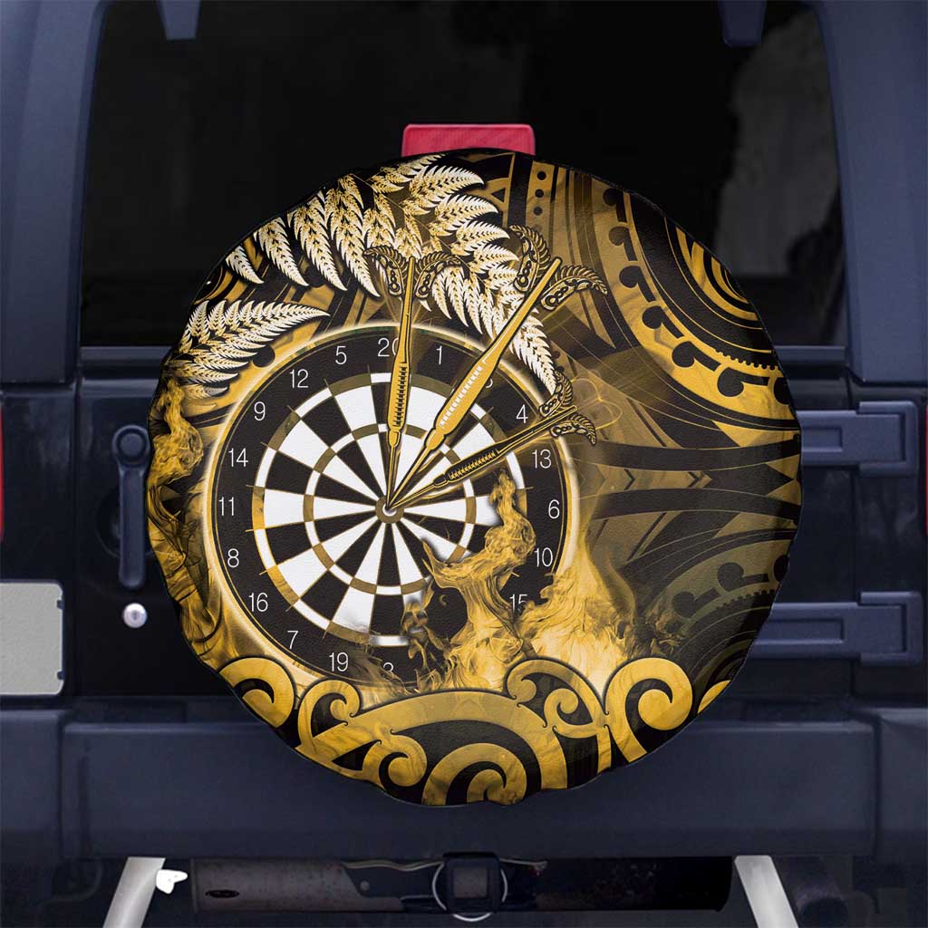 New Zealand Darts Spare Tire Cover Maori Koru Dartboard Gold Flame