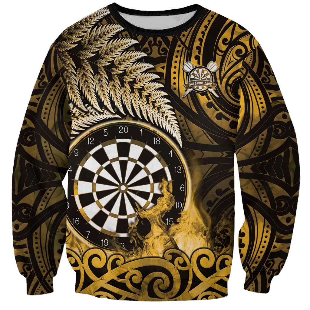 Personalised New Zealand Darts Sweatshirt Maori Koru Dartboard Gold Flame