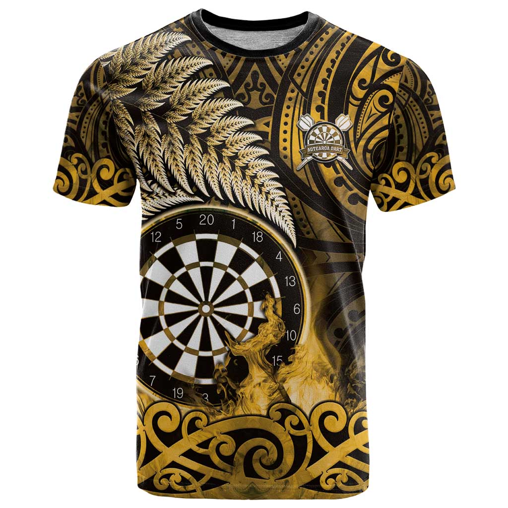 Personalised New Zealand Darts T Shirt Maori Koru Dartboard Gold Flame