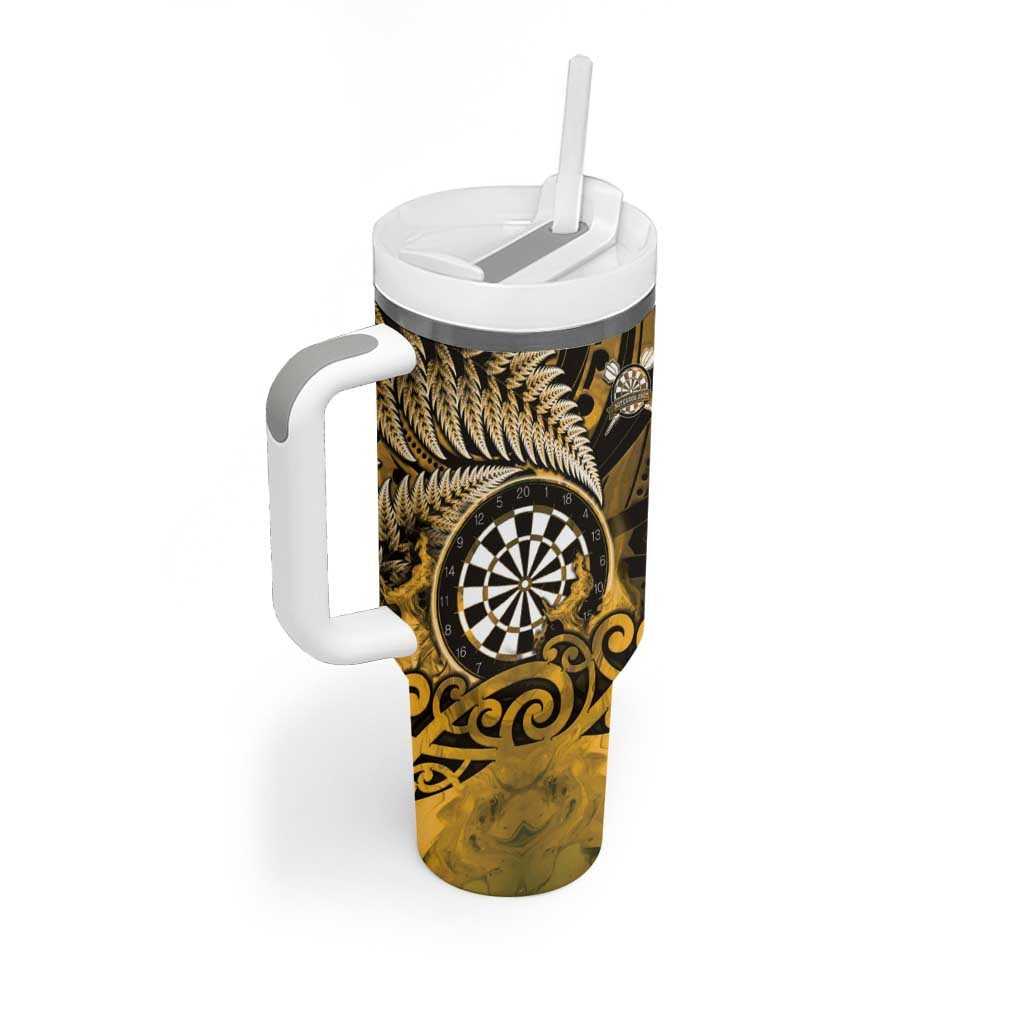 Personalised New Zealand Darts Tumbler With Handle Maori Koru Dartboard Gold Flame LT05 - Polynesian Pride