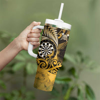 Personalised New Zealand Darts Tumbler With Handle Maori Koru Dartboard Gold Flame LT05 - Polynesian Pride
