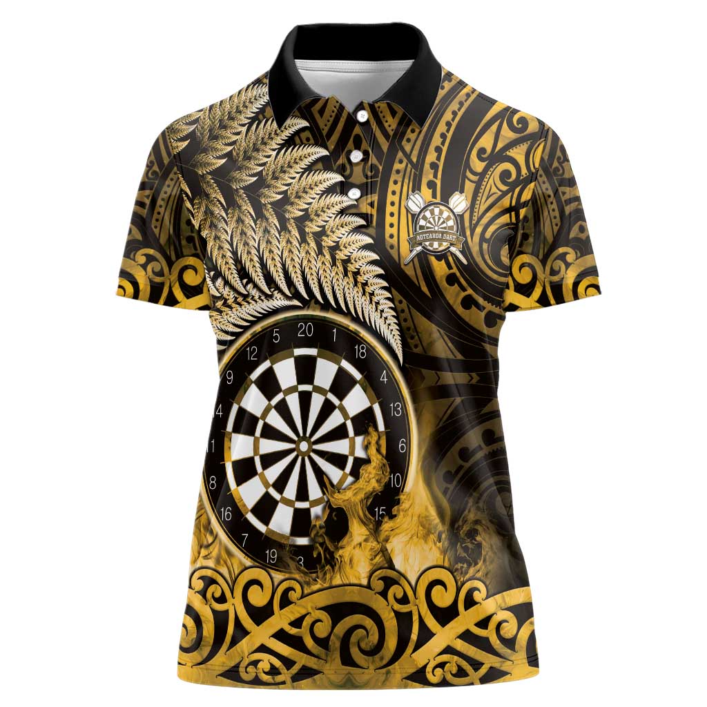 Personalised New Zealand Darts Women Polo Shirt Maori Koru Dartboard Gold Flame