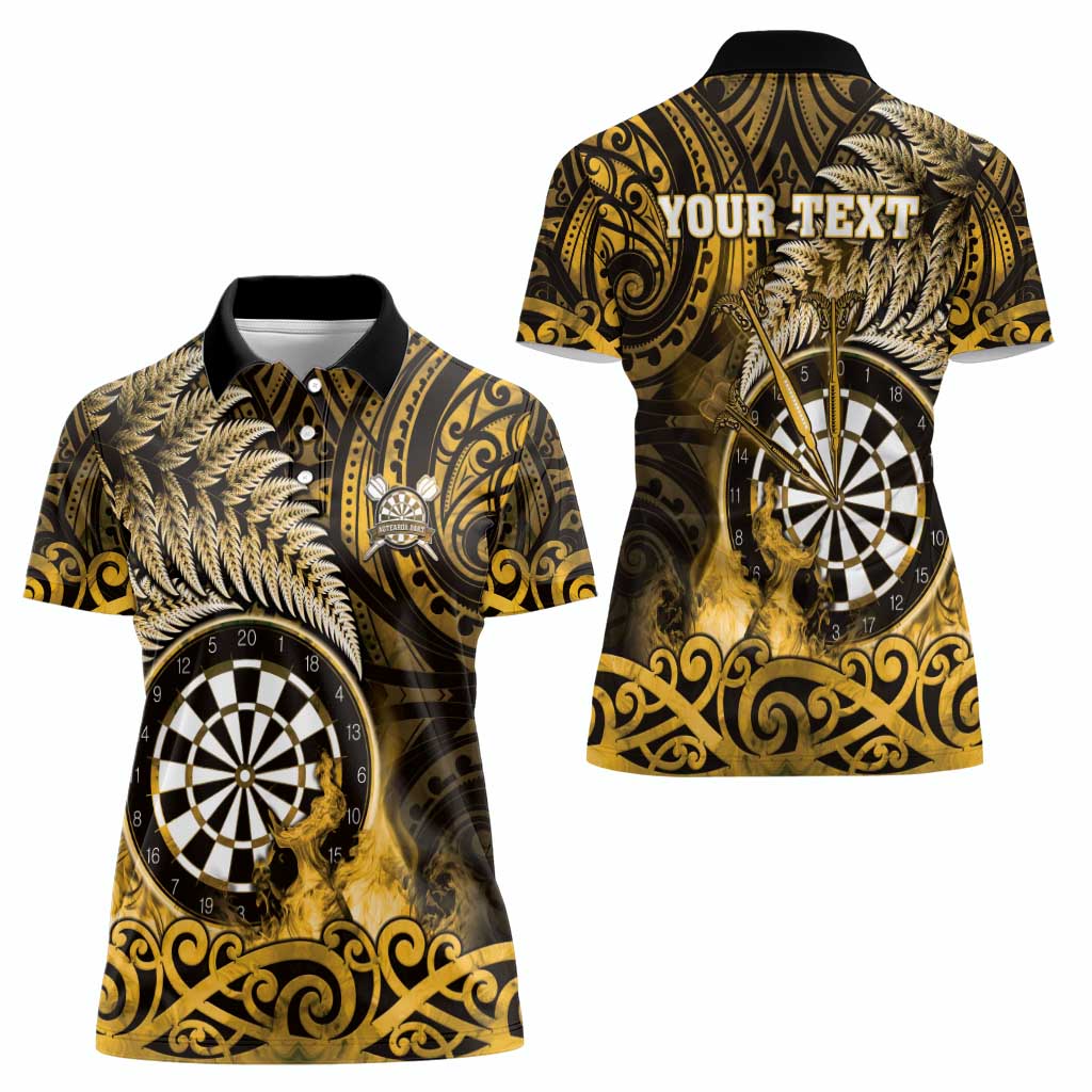 Personalised New Zealand Darts Women Polo Shirt Maori Koru Dartboard Gold Flame