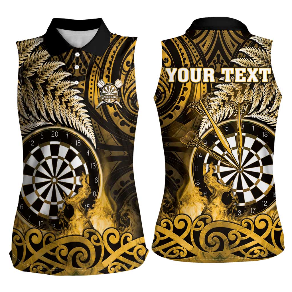 Personalised New Zealand Darts Women Sleeveless Polo Shirt Maori Koru Dartboard Gold Flame